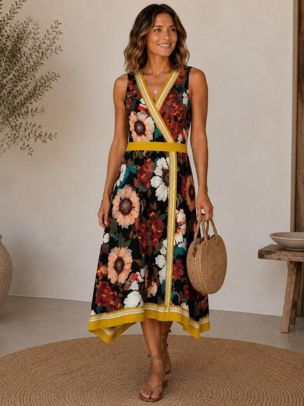 Maeve Anthropologie Floral Midi Dress Womens 2 Faux Wrap Boho Romantic Chic